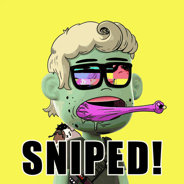 a cartoon character with glasses and the word sniped in black letters