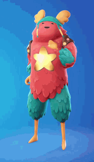 a cartoon character with a star on his chest is standing on a blue background