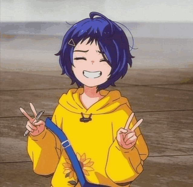 a girl with blue hair is wearing a yellow hoodie and making a peace sign with her hands .