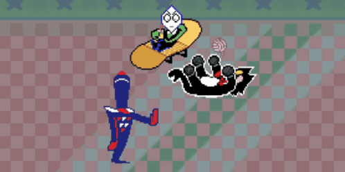 a pixel art of a man on a snowboard and a penguin