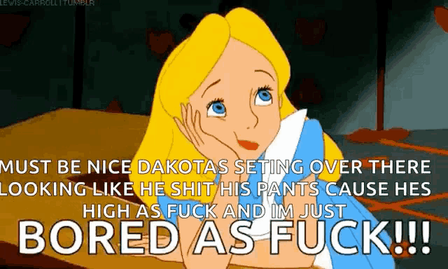 a cartoon of alice from alice in wonderland is bored