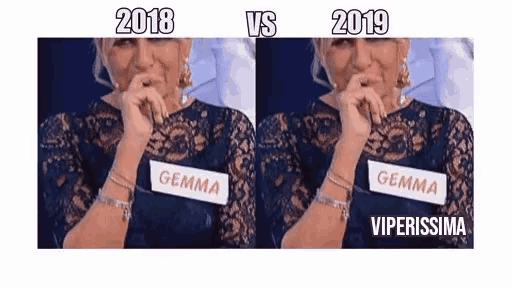 a woman in a blue lace dress with a name tag that says gemma