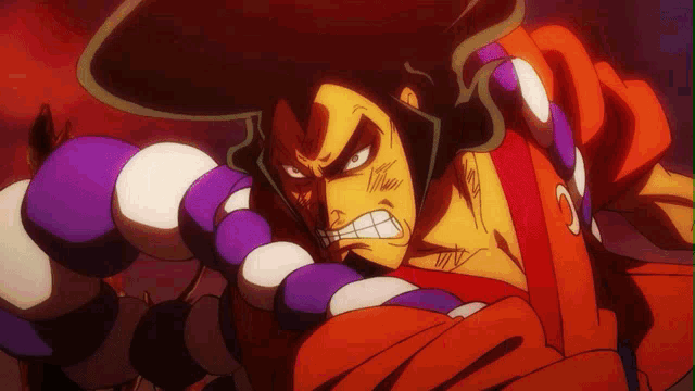 a close up of a cartoon character with purple and white beads