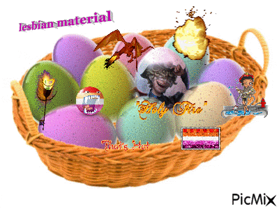 a wicker basket filled with easter eggs with the words lesbian material written on the top