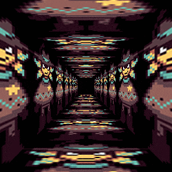 a pixel art image of a hallway with a native american design