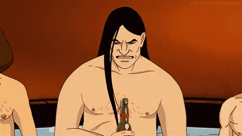 a shirtless man with long hair is holding a bottle of beer in a bathtub .