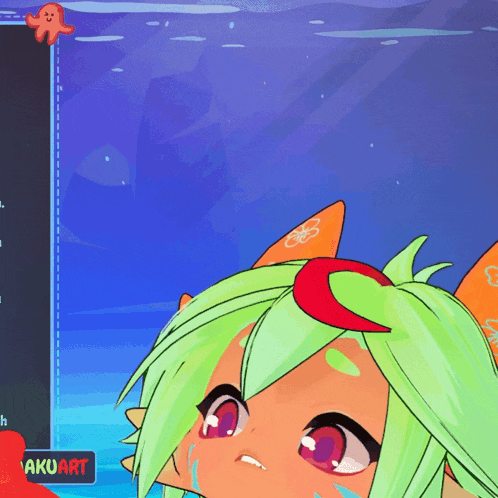 a cartoon drawing of a girl with green hair and a red flower in her hair