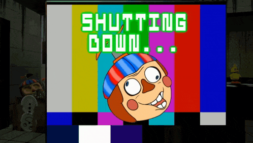 a screen with a cartoon character and the words shutting down on it