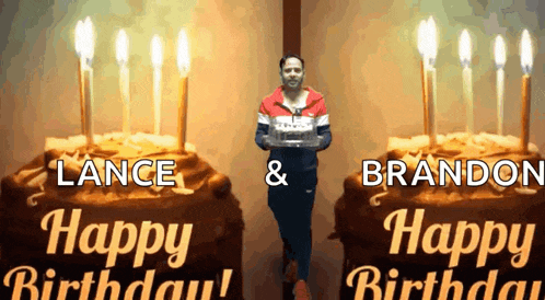 a man is holding a cake in front of two birthday cakes that say lance and brandon