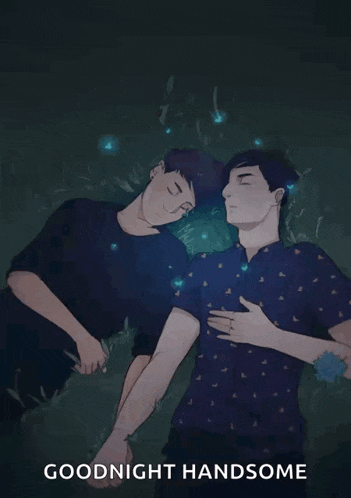 a drawing of two men sleeping with the words goodnight handsome above them