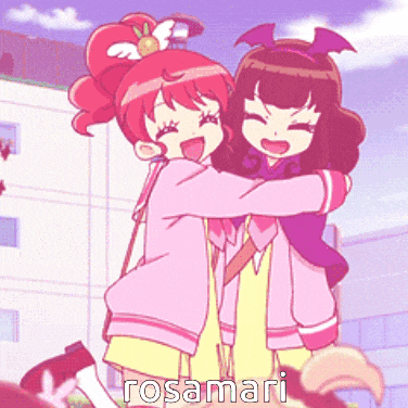 a cartoon of two girls hugging with the name rosamari written below them