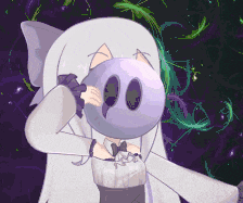 a cartoon drawing of a girl with a purple mask on her face