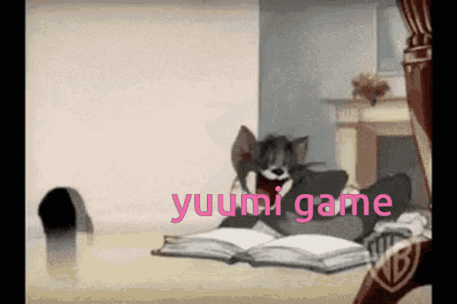 a cartoon of tom and jerry with the words yuumi game written in pink