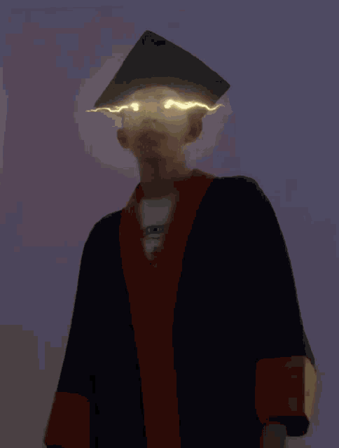a person wearing a graduation cap and gown with lightning coming out of it