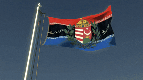 a flag with a coat of arms on it and arabic writing