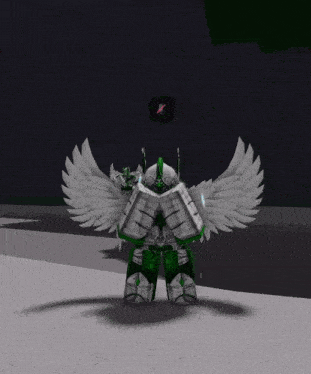 a robot with white wings and green armor is standing on a concrete surface