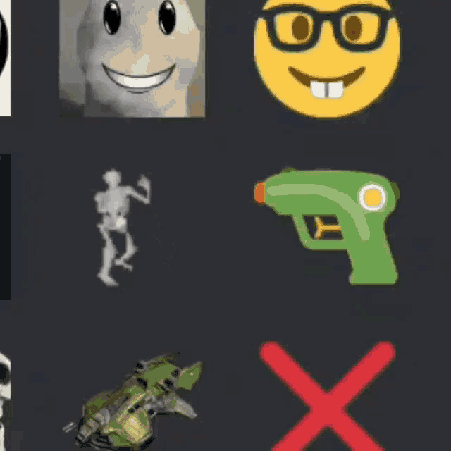 a smiley face with glasses is next to a green water gun and a skeleton