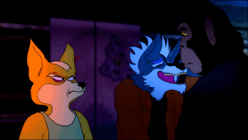 a cartoon of a fox a wolf and a monkey talking