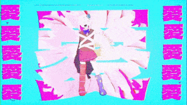a girl in a pink dress is standing in front of a blue background with chinese characters .