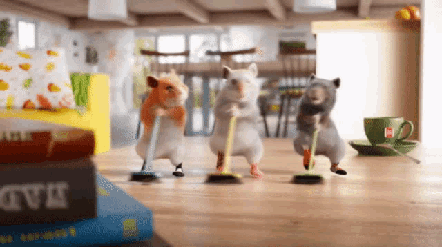 three hamsters are sweeping the floor in front of a box that says " love "