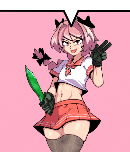 a cartoon of a girl holding a green knife and giving a peace sign