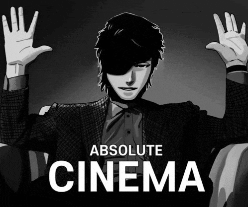 a poster for absolute cinema shows a man with his hands up