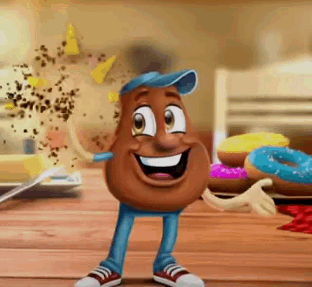 a cartoon character with arms and legs is standing on a wooden table holding a donut .