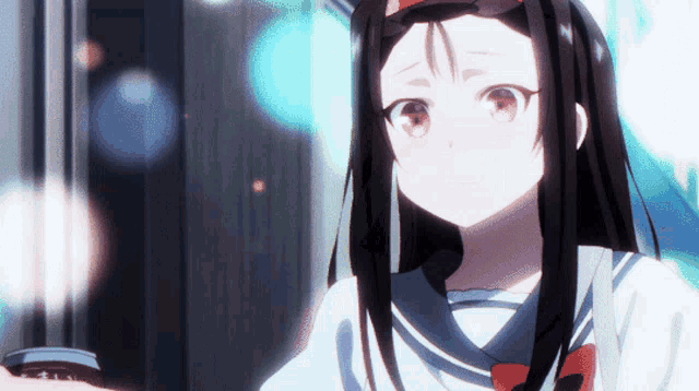 a girl with long black hair and red eyes is wearing a sailor suit