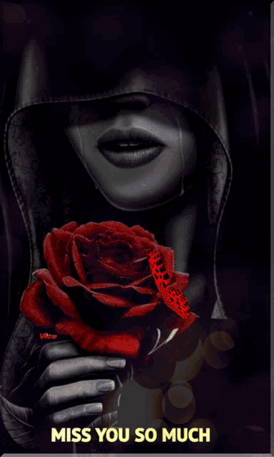 a picture of a woman holding a red rose with the words miss you so much below her