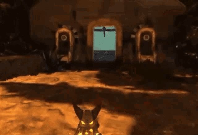 a video game shows a robot standing in front of a building