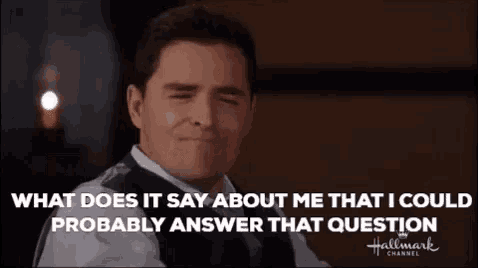 a man in a tuxedo is asking what does it say about me that i could possibly answer that question .