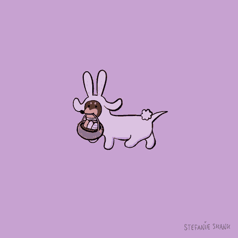 a drawing of a dog dressed as a bunny holding a basket of easter eggs