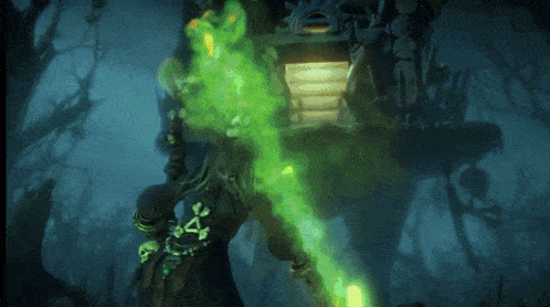 a woman with a skull necklace is holding a green torch