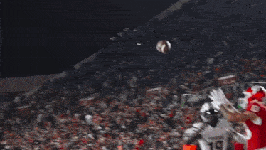 a football player in a red jersey is catching a pass from another player in a white jersey on a field .