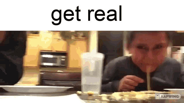 a man is eating noodles with a spoon and the word get real is on the bottom