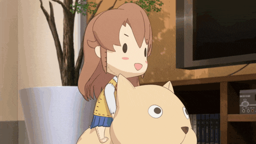 a cartoon girl is sitting on a dog 's back in front of a television