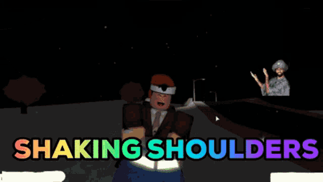 a cartoon character is shaking his shoulders in a dark room
