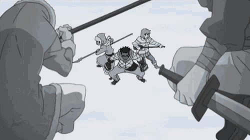 a group of people are holding swords in a cartoon