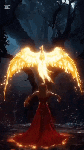 a woman in a red dress is standing in front of a phoenix that is glowing in the dark .