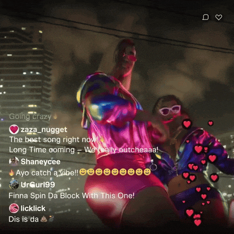 a man and a woman are dancing in front of a city skyline and hearts are surrounding them