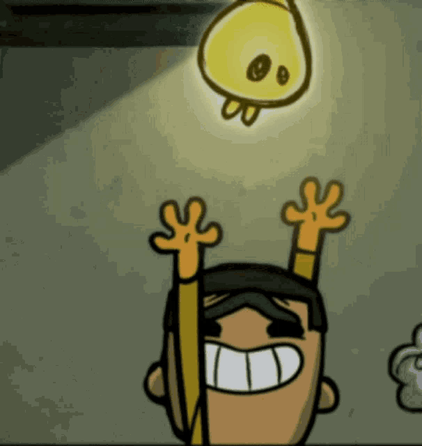 a cartoon of a man with his arms in the air holding a light bulb