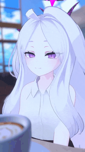 a white anime girl with purple eyes is sitting at a table with a cup of coffee