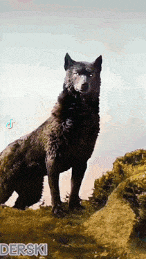 a black wolf is standing on top of a hill .