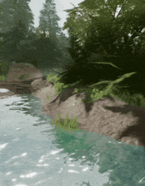 a painting of a river with trees and rocks