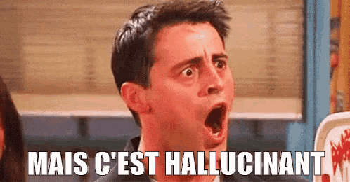 a man is making a funny face with his mouth open and the words `` mais c 'est hallucinant '' written below him