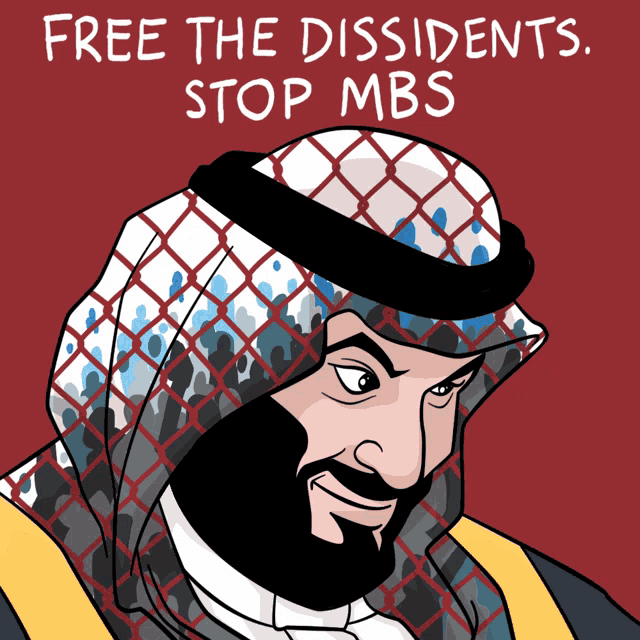 a cartoon drawing of a man with the words free the dissidents stop mbs