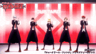 a group of anime characters are standing in front of a custard sign