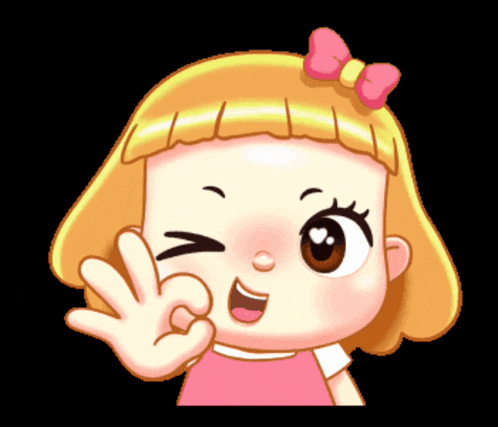 a cartoon girl with blonde hair and a pink bow on her head giving the ok sign