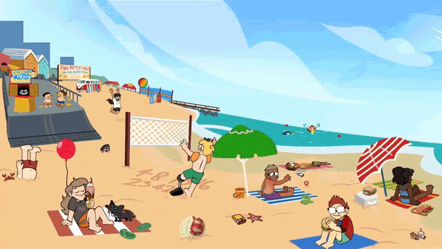 a cartoon drawing of people on a beach with a striped umbrella