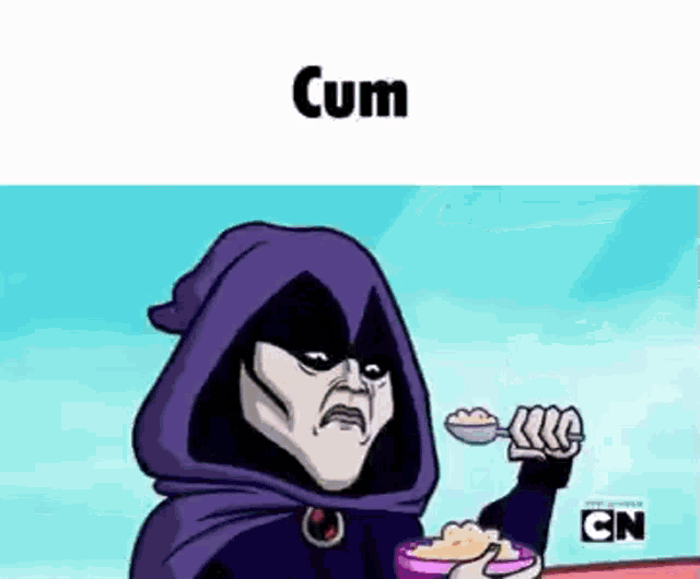 raven from teen titans go is holding a bowl of cereal and a spoon .
